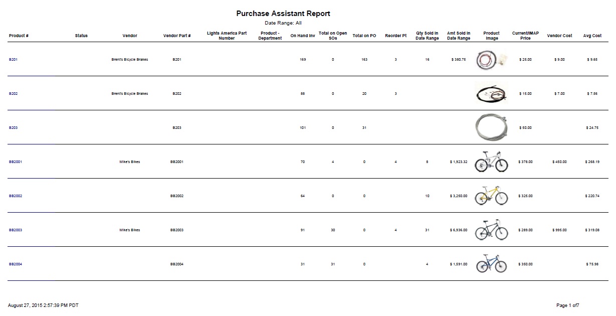 Fishbowl Purchase Assistant report that displays the list of products with vendor information, reorder information, total quantities on open Sales orders, total quantities on Purchase orders, Product Image, current pricing, vendor cost and average cost.