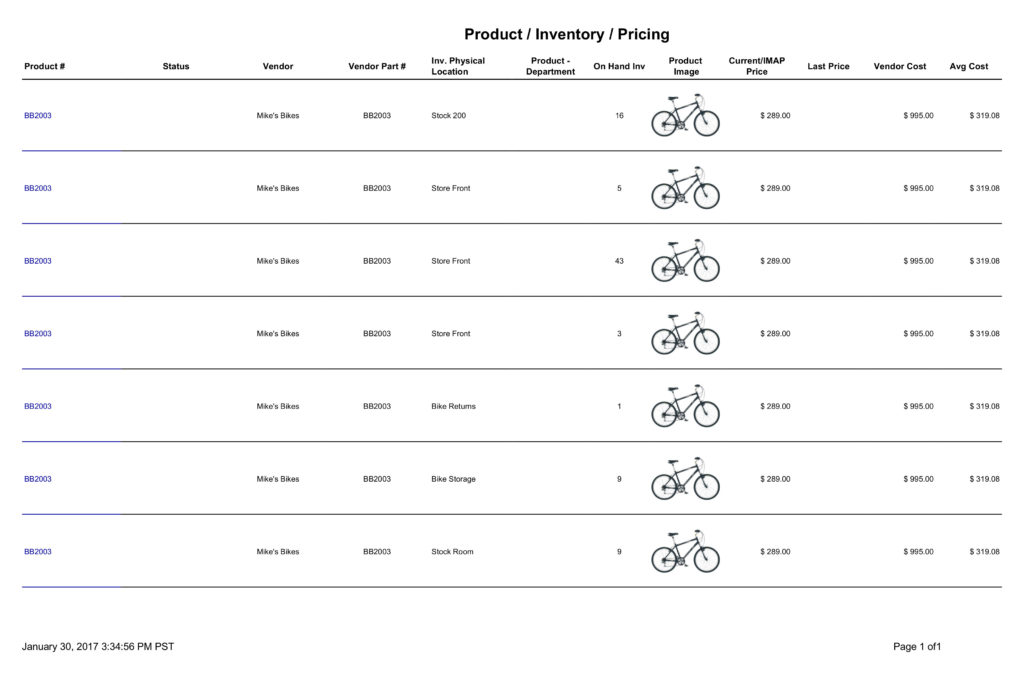 Fishbowl Product Inventory Pricing report displays product number, product status, vendor, vendor part number, location, on hand, product image, product price, last price, vendor cost and average cost.