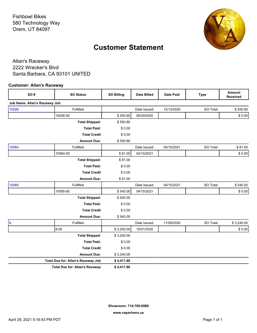 Fishbowl Customer Statement Report that displays all the sales orders for the customer for a particular date range together with the payments. The report shows SO #, So Status, Total Billed, Date Billed, Date Paid and Amount Received.
