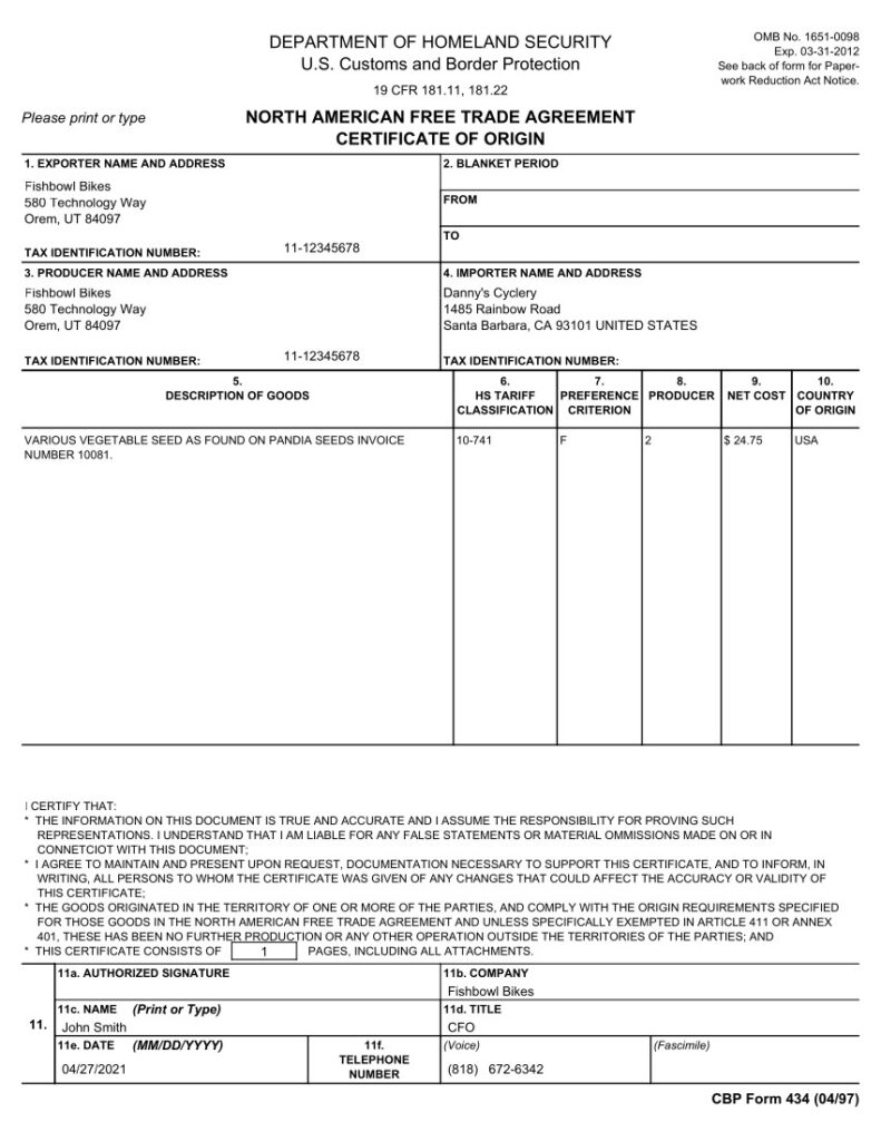 Fishbowl Regulatory Documents and Forms NAFTA Certificate Of Origin