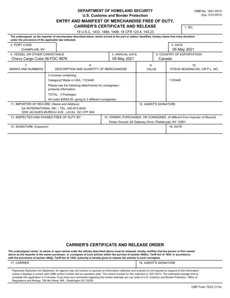 Fishbowl Regulatory Documents and Forms Shipping Invoice Manifest Form 7523