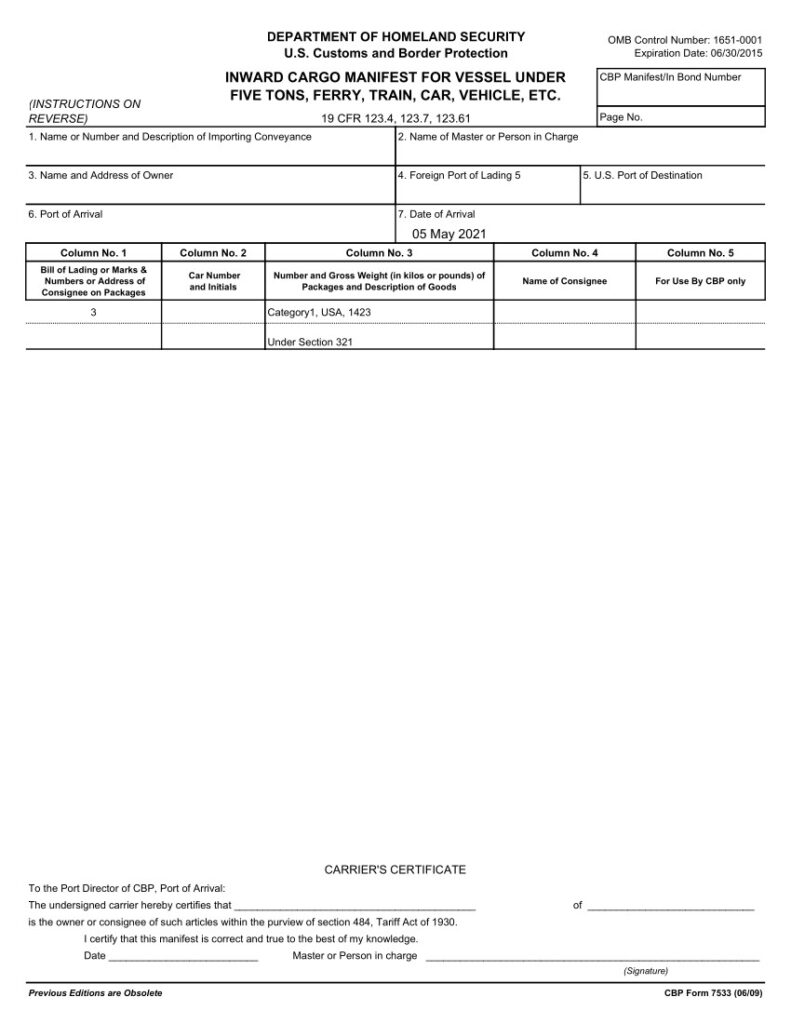 Fishbowl Regulatory Documents and Forms Shipping Invoice Manifest Form 7533