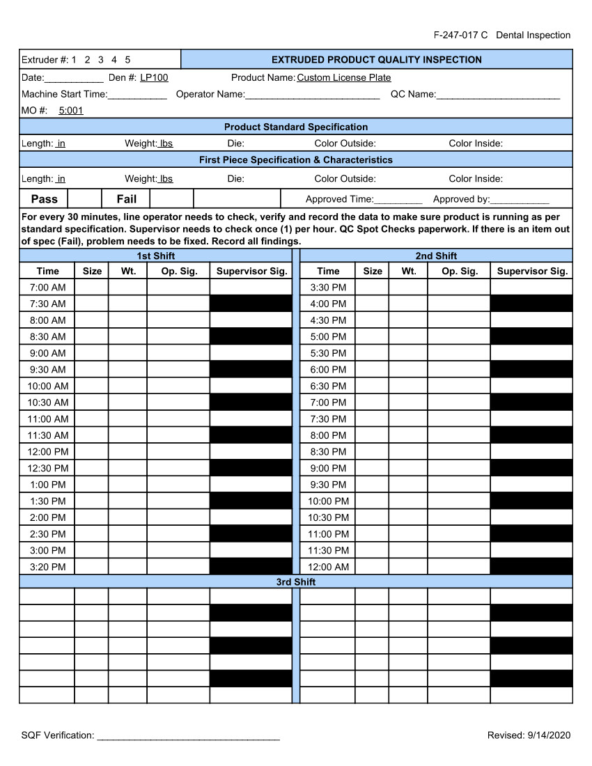 Fishbowl Work Order Extruded Product Quality Inspection Form that allows Quality Inspection team to print and fill out a QI form.