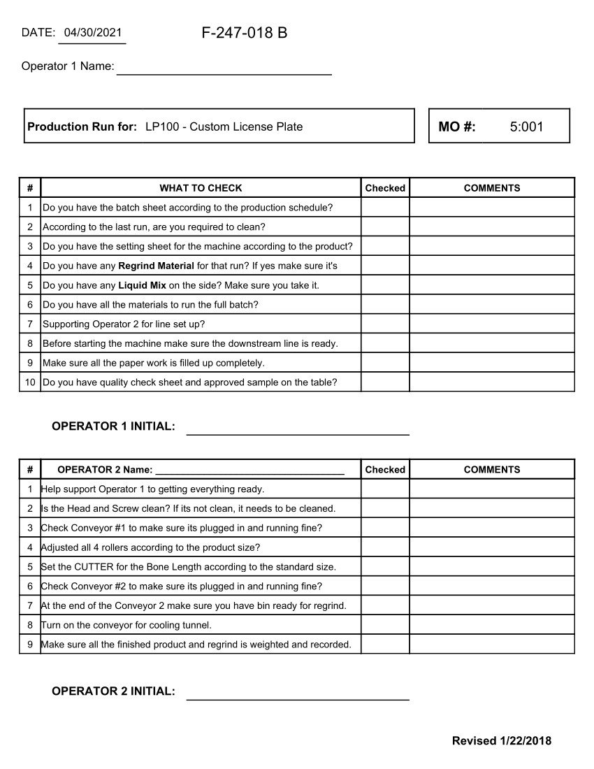 Fishbowl Work Order Operator Checklist Form that prints out a checklist for Work Order Operators.