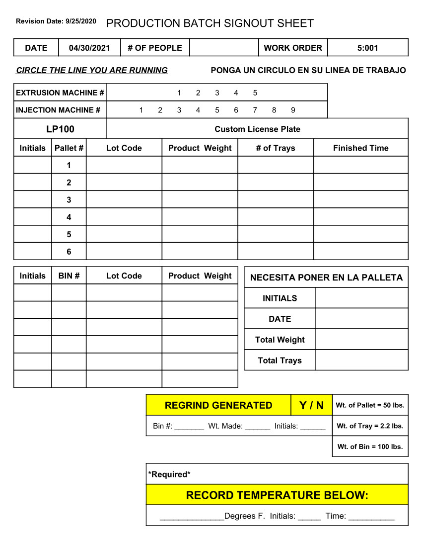 Fishbowl Work Order Extrusion Signout Sheet Form that allows team members to sign off on the current production batch.